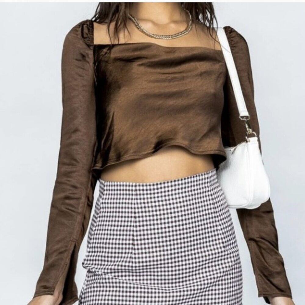 Princess Polly | NEW Long Song Crop Top Satin Brown Size 12